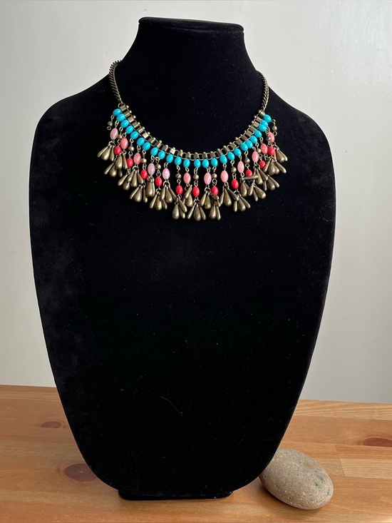 Jewelry - Antique-style brass beaded statement necklace with boho-style dangling charms